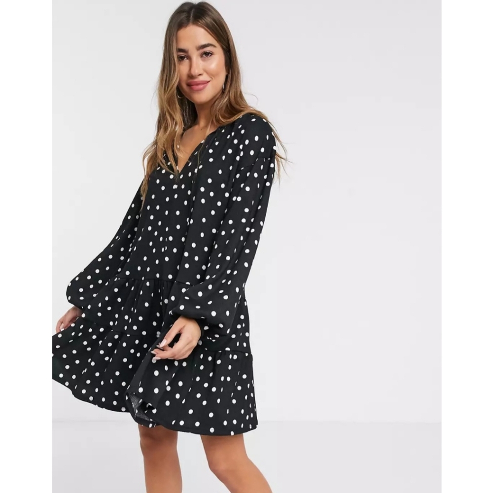 Mango Tiered Polka Dot Jersey Smock Dress in  Black - Picture 2 of 8